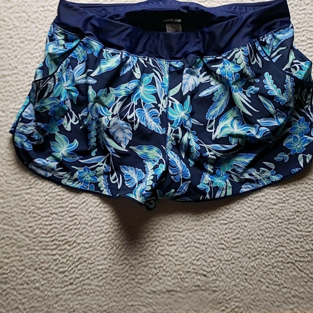 Lands' End Swim Shorts Womens Plus 3X Blue Floral Elastic Waist Lined Swim Beach